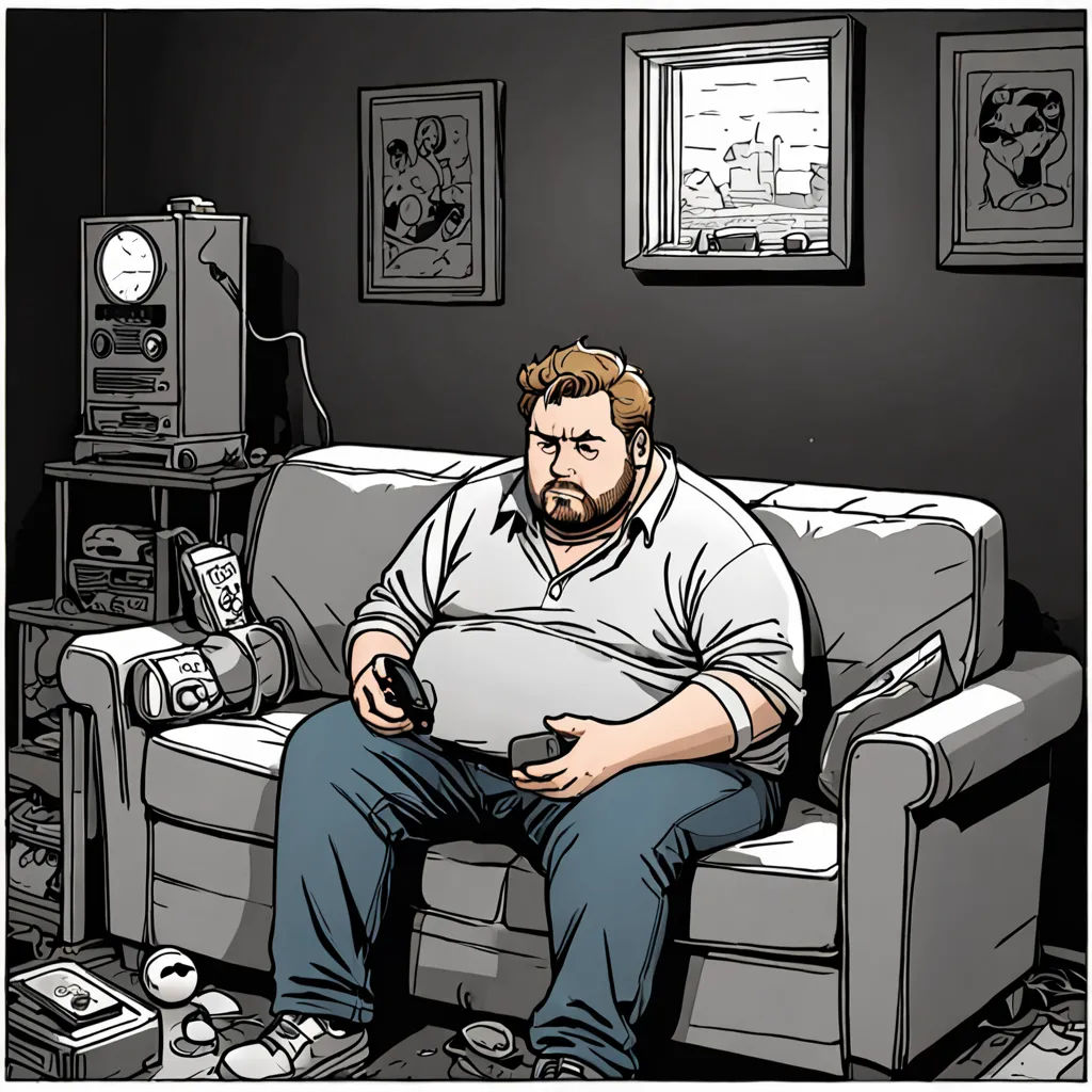 a man sitting on a couch holding a remote control in his hand and looking at a television screen in the background, figurativism, a character portrait, Asaf Hanuka, graphic novel