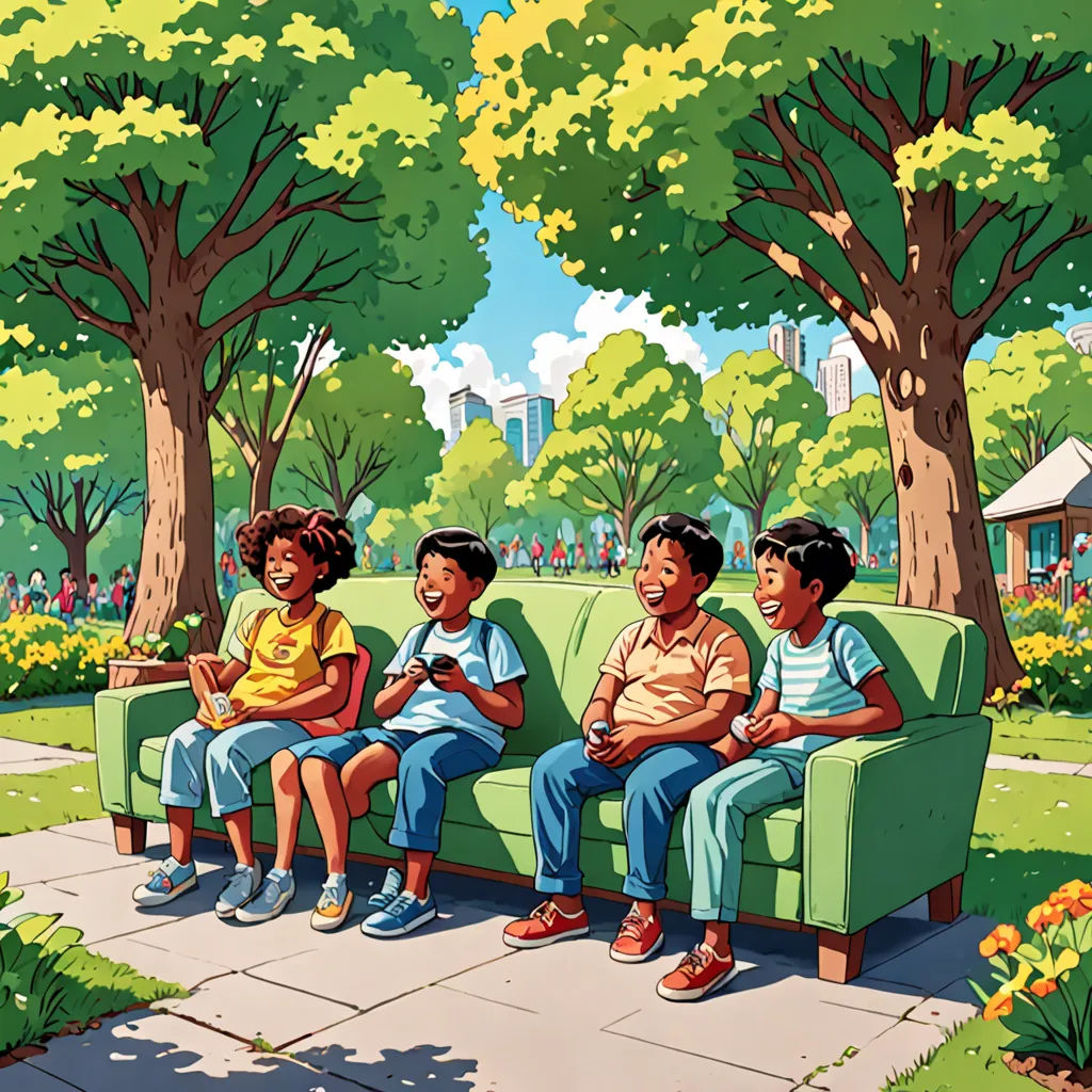 a group of people sitting on a green couch in a park with trees and flowers in the background and a man standing in the foreground, afrofuturism, a storybook illustration, Chris LaBrooy, comic cover art