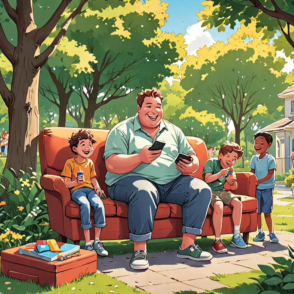 a man sitting on a couch with a group of children around him in a park setting with a house in the background, american scene painting, a storybook illustration, Chris LaBrooy, official art