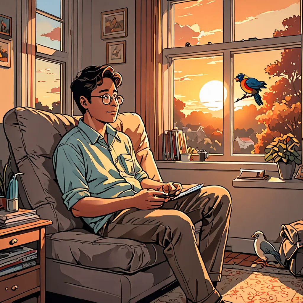 a man sitting in a chair in front of a window with a bird flying over him and a bird flying over him, private press, a comic book panel, Asaf Hanuka, rossdraws global illumination