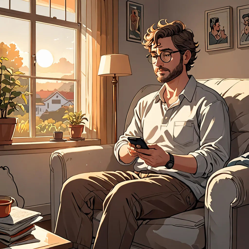 a man sitting on a couch looking at his cell phone in a living room with a window and a potted plant, romanticism, a comic book panel, Atey Ghailan, warm light