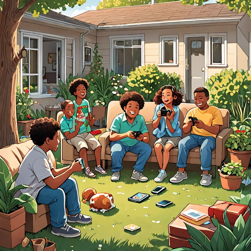 a group of people sitting on a couch in a yard with a dog and a cat on the ground, american scene painting, a storybook illustration, Chris LaBrooy, official art