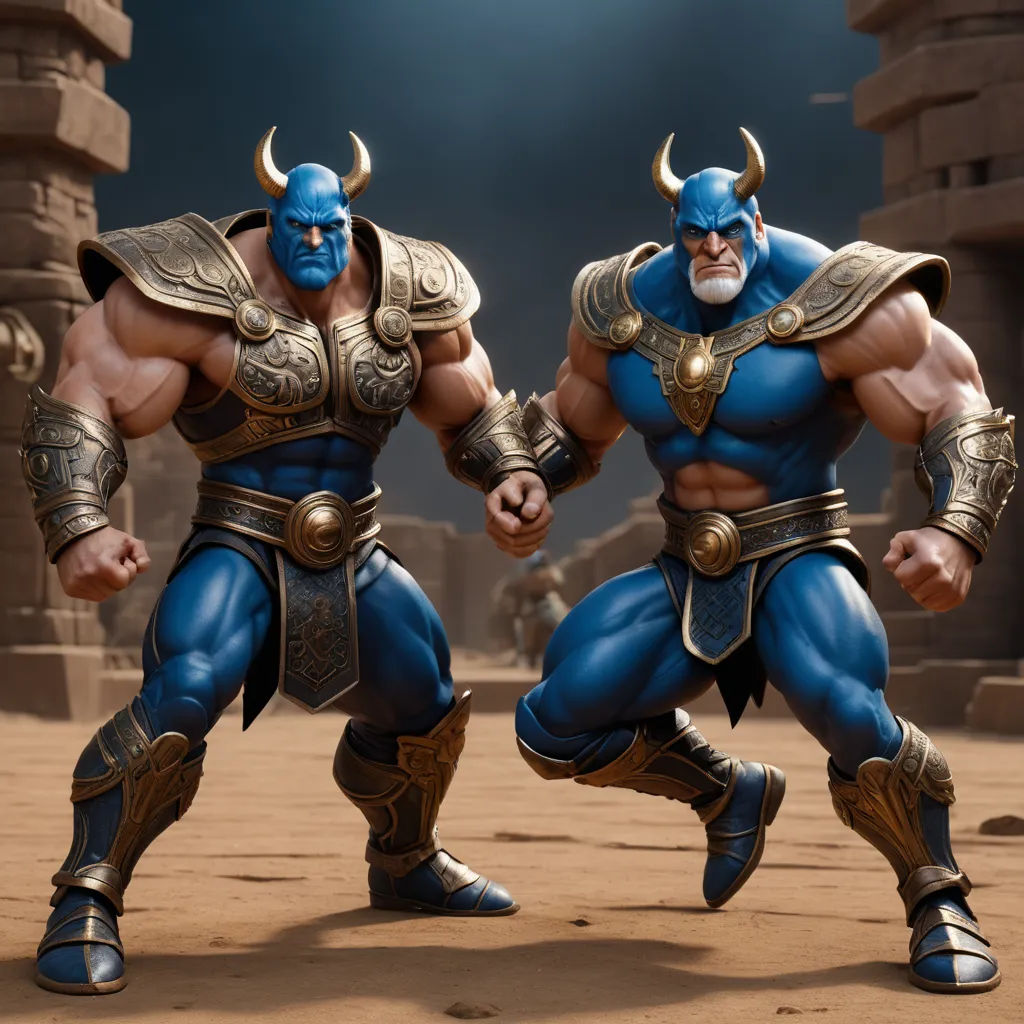 two action figures of two men in blue and gold outfits, one with horns and the other with horns, sumatraism, concept art, Alex Horley, unreal 5