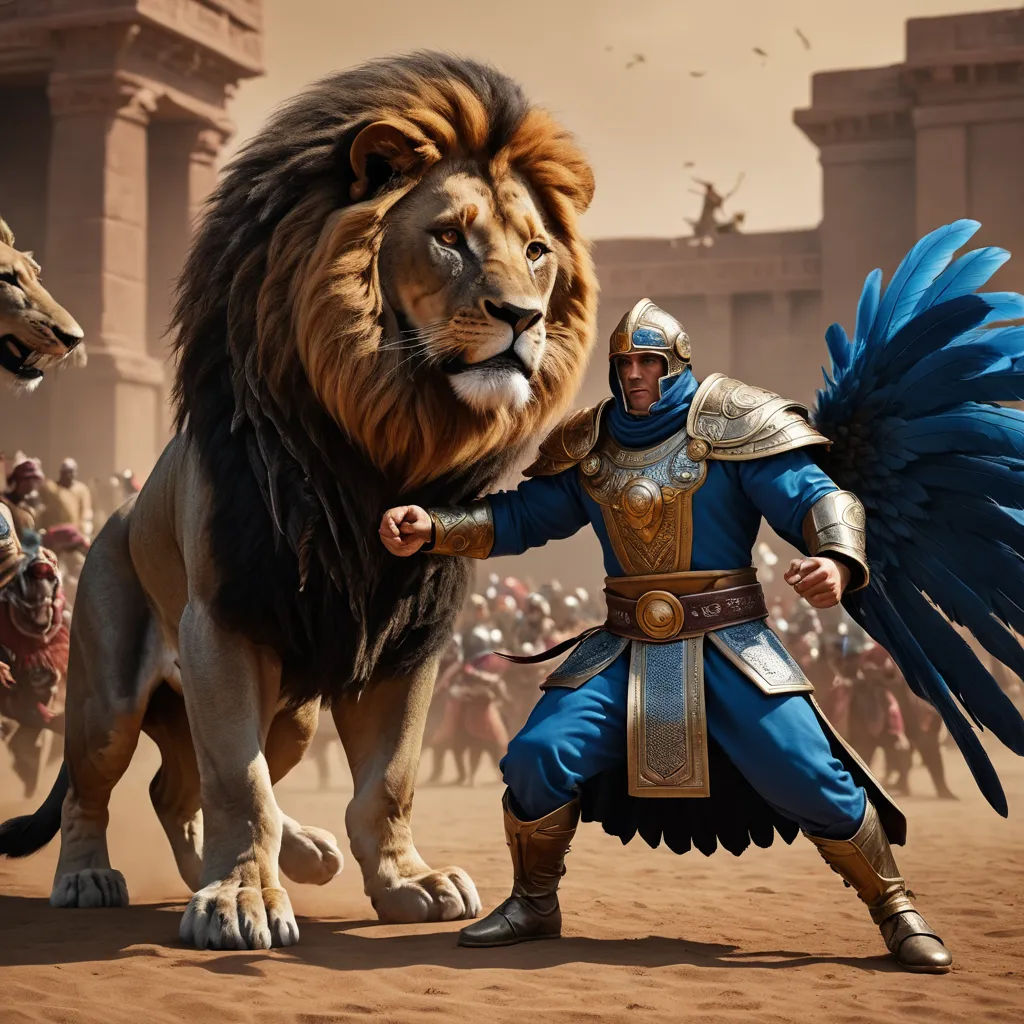 a man in a blue outfit standing next to a lion and a lion with wings on his chest and a lion on his shoulder, sumatraism, computer graphics, Chris LaBrooy, unreal engine highly rendered