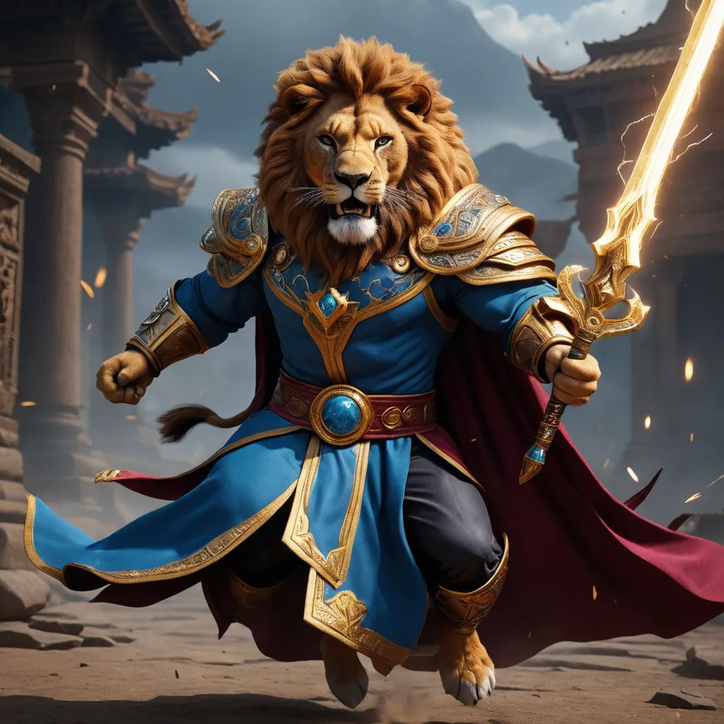 a lion dressed in a blue outfit with a sword in his hand and a lion's head on his chest, sots art, concept art, Chris LaBrooy, magic the gathering artwork