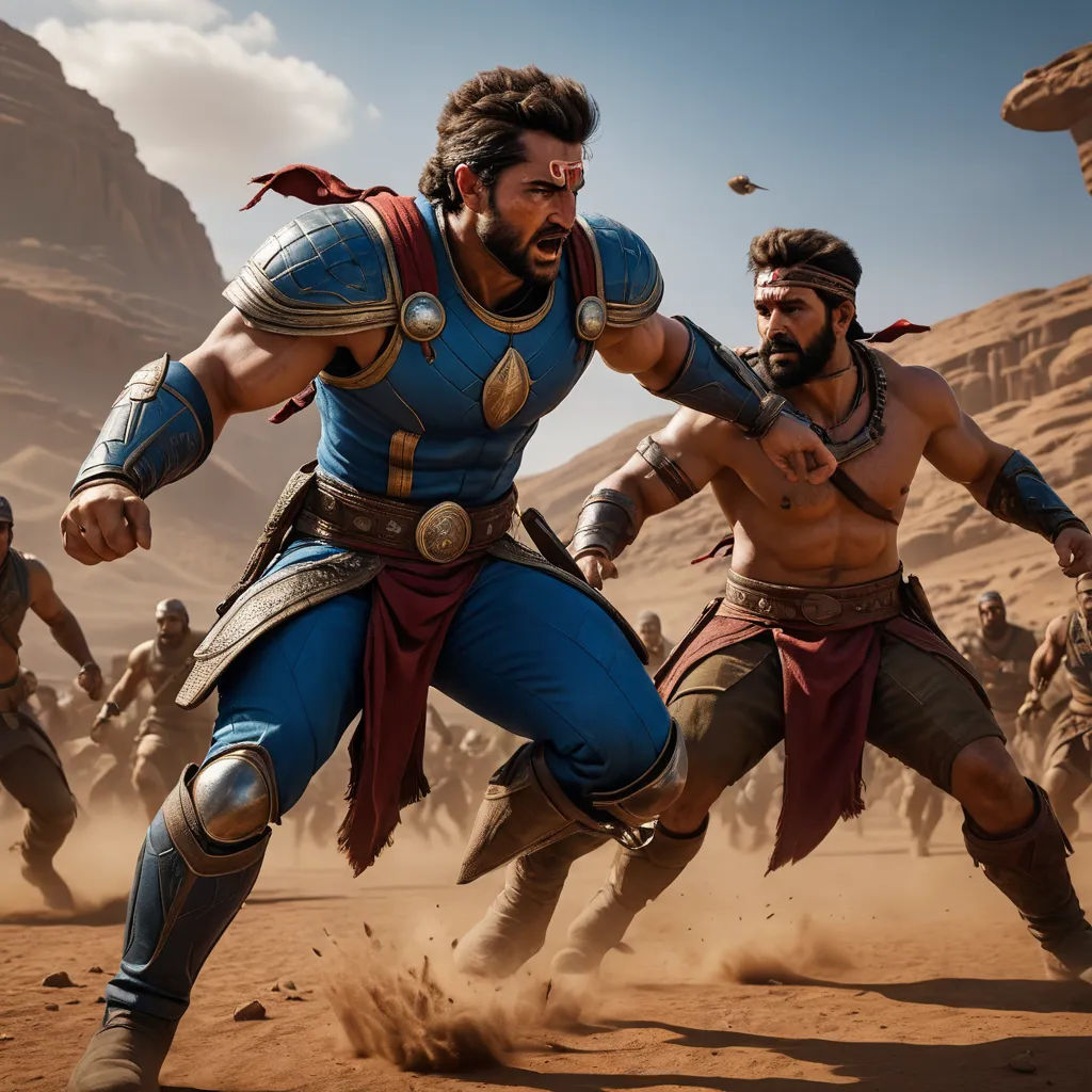 a group of men in ancient greek costumes running through the desert with a mountain in the background in a scene from the movie, hurufiyya, computer graphics, Altoon Sultan, unreal 5