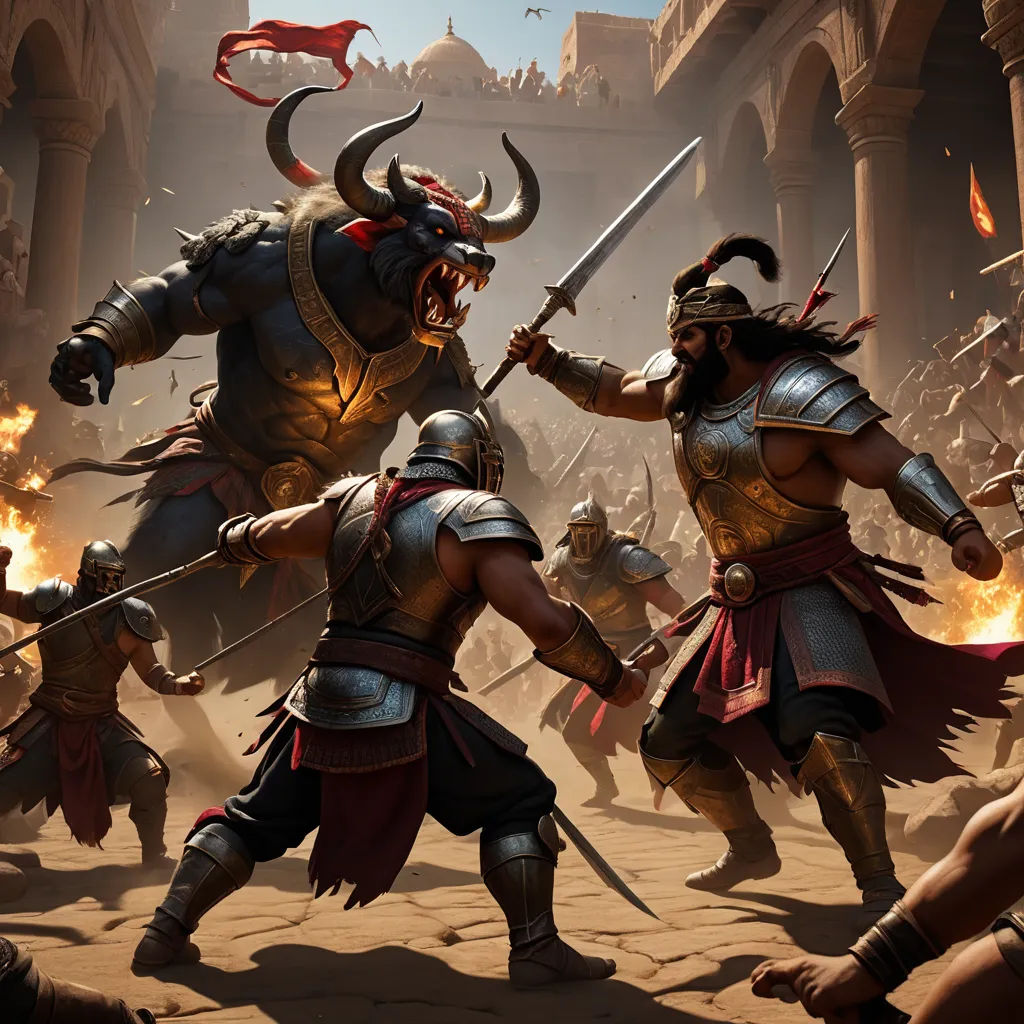 a group of men in armor fighting with bulls in a city street with a castle in the background and a flag flying in the air, fantasy art, concept art, Clint Cearley, unreal 5