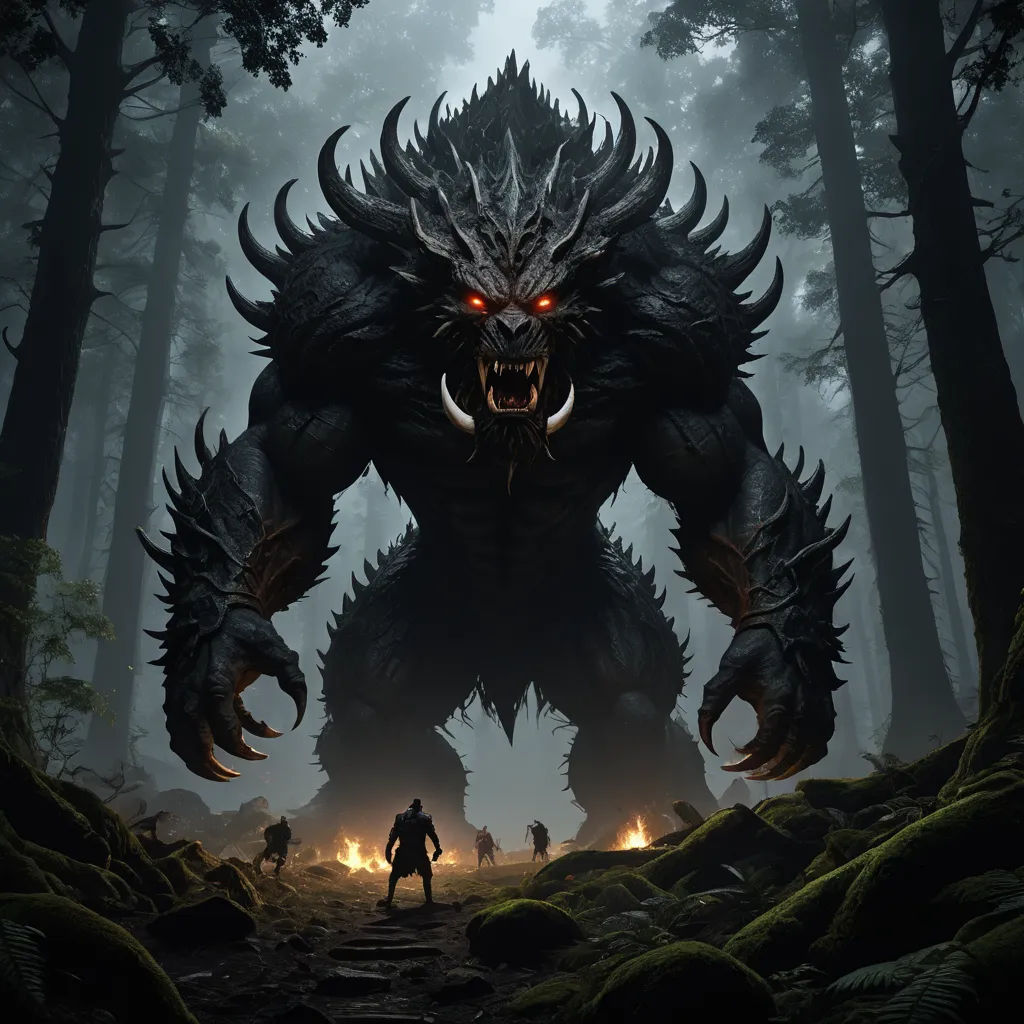 a giant monster with glowing eyes in the woods with a man walking towards it in front of it, with a man in the foreground, fantasy art, concept art, Chris Rahn, unreal 5
