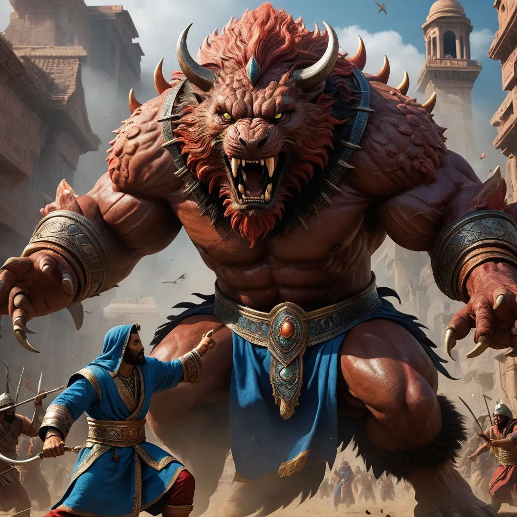 a man in a blue outfit is fighting with a demon in a city with tall buildings and a castle, fantasy art, computer graphics, Clint Cearley, unreal 5