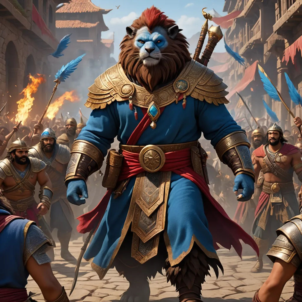 a group of men in armor and weapons in a game of thrones and warriors, with a lion in the middle, furry art, concept art, Chris LaBrooy, magic the gathering artwork
