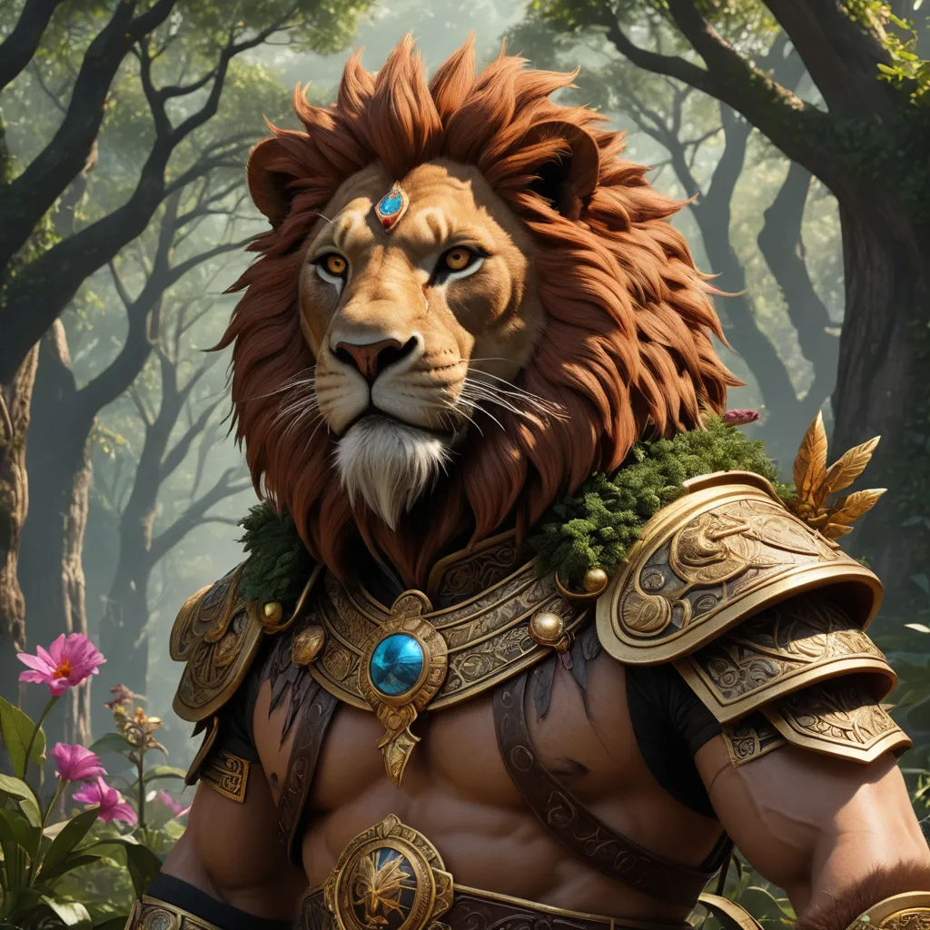 a lion with a crown and a body of water in a forest with flowers and trees in the background, fantasy art, a character portrait, Clint Cearley, epic fantasy character art