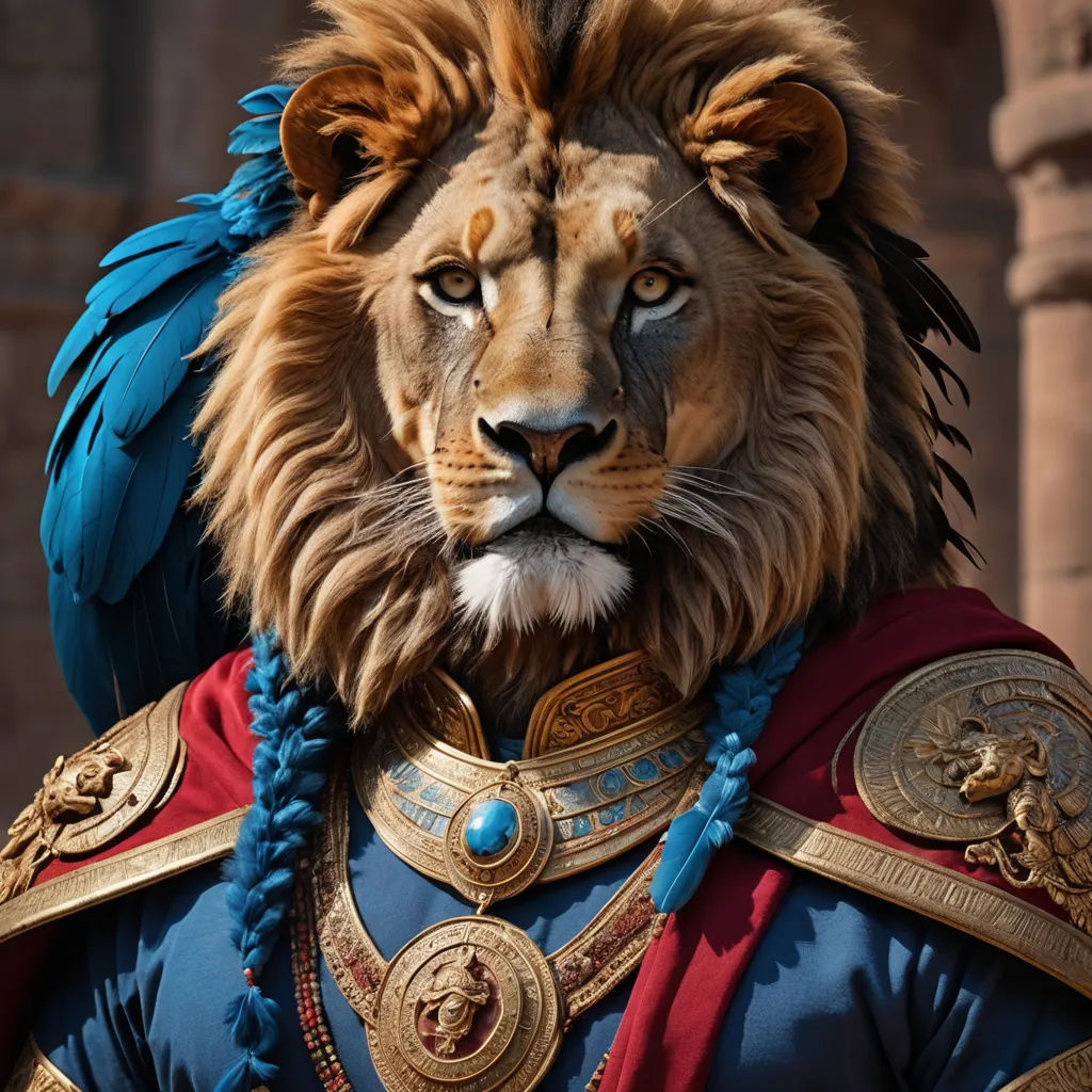 a lion wearing a blue and red costume and a blue bird on its head and neck, with a red cape on, furry art, a detailed matte painting, Chris LaBrooy, vfx