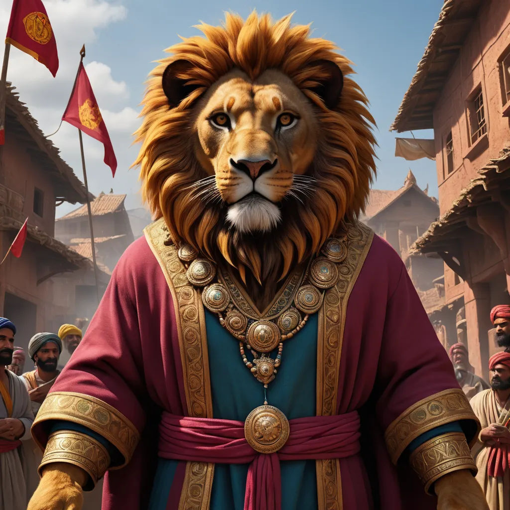 a lion in a red and blue outfit with a group of people in the background in a city with buildings, furry art, a detailed matte painting, Chris LaBrooy, weta digital