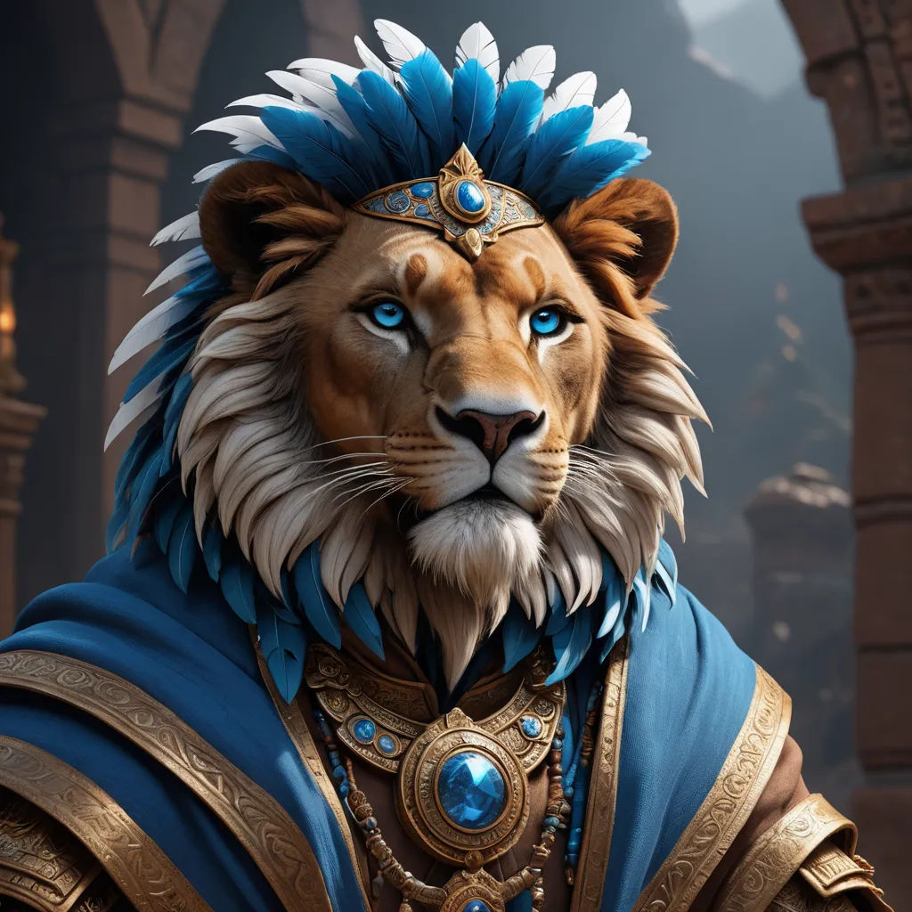 a lion with blue eyes and a blue cape on his head and a gold crown on his head and a blue and white mane, furry art, a character portrait, Chris LaBrooy, unreal engine 5 quality render
