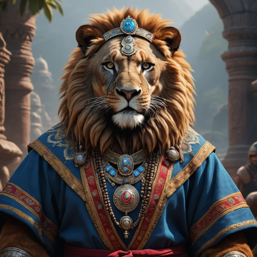 a lion dressed in a blue outfit with a red belt and a crown on his head and a man in a red shirt, furry art, a character portrait, Chris LaBrooy, unreal engine highly rendered