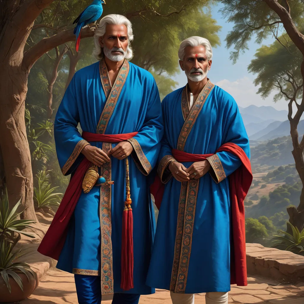 two men in blue robes standing next to each other in front of a painting of a forest and a bird, qajar art, a digital painting, Brothers Hildebrandt, highly detailed digital painting