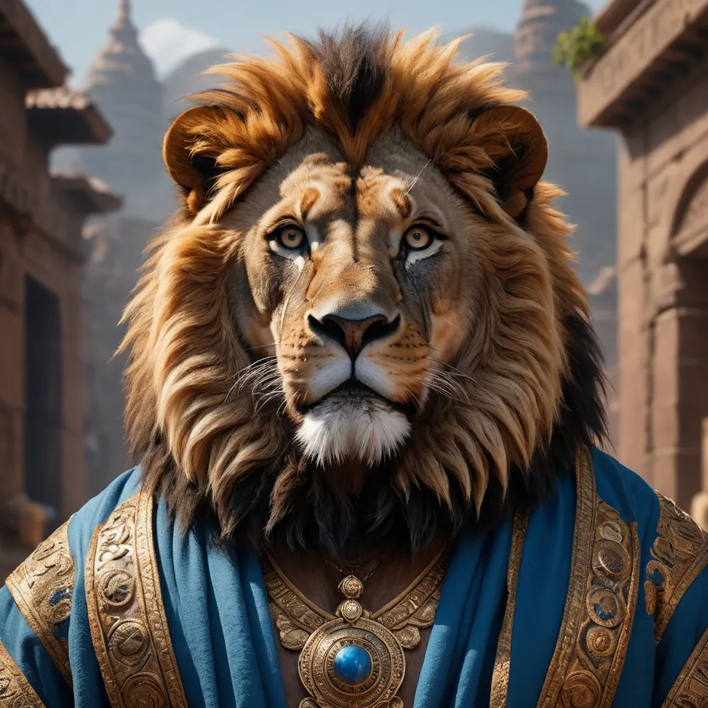 a lion with a blue cape and a gold crown on his head and a blue cape around his neck, furry art, a raytraced image, Chris LaBrooy, weta digital