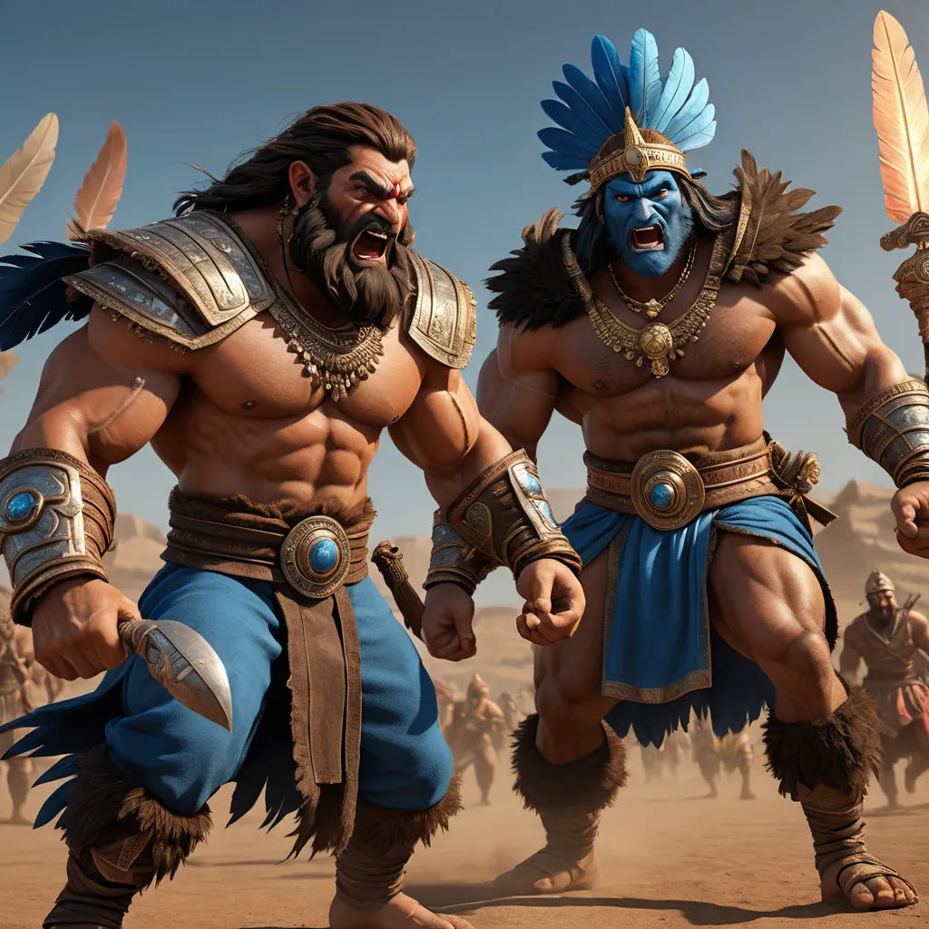 two men in costumes with large, muscular arms and legs, with large, feathered headdress, are standing in a desert area, fantasy art, computer graphics, Altoon Sultan, unreal 5