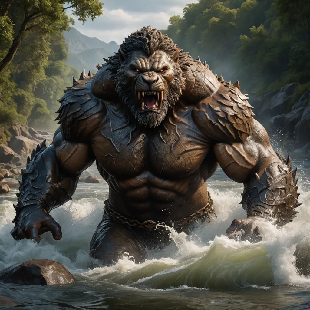 a large, muscular man in a river with a huge bear like body and claws on his chest and chest, furry art, computer graphics, Clint Cearley, trending on artstation hq