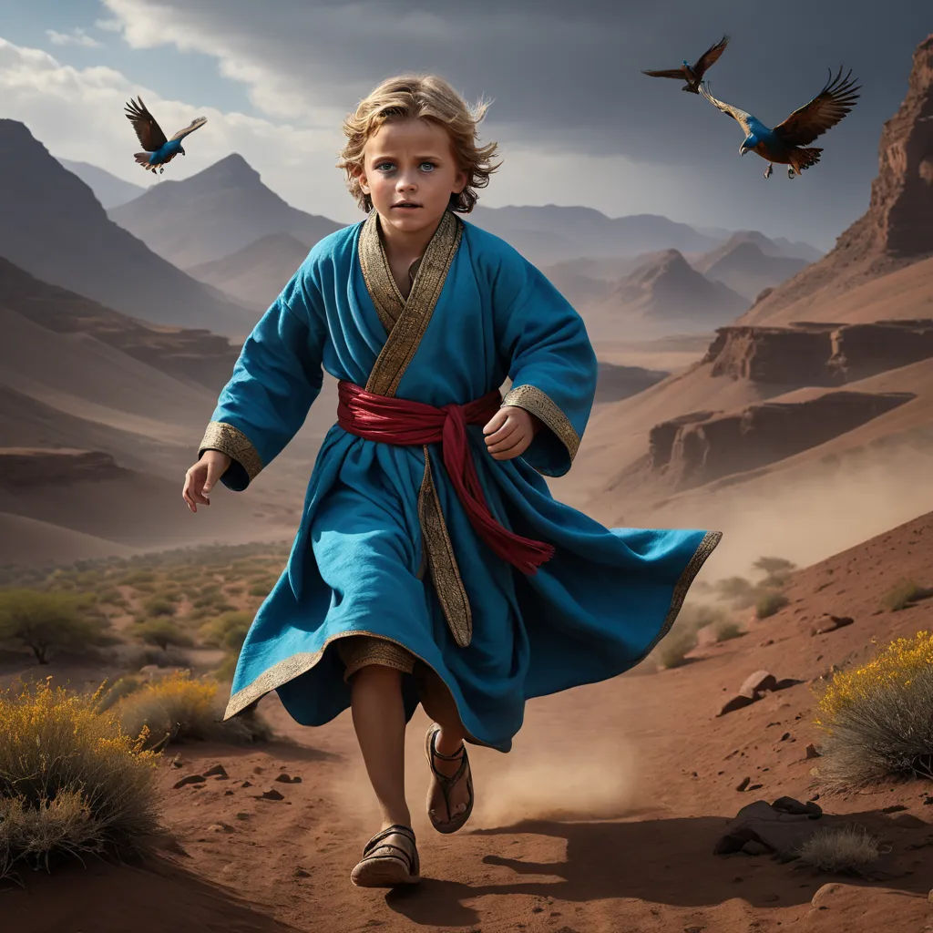 a young girl dressed in a blue robe running through the desert with birds flying overhead in the background and a desert landscape, cloisonnism, a detailed matte painting, Cliff Childs, affinity photo