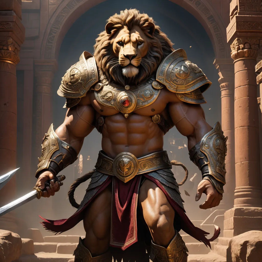 a lion - like man in armor with a sword in his hand and a lion - like head on his chest, sots art, concept art, Clint Cearley, unreal 5