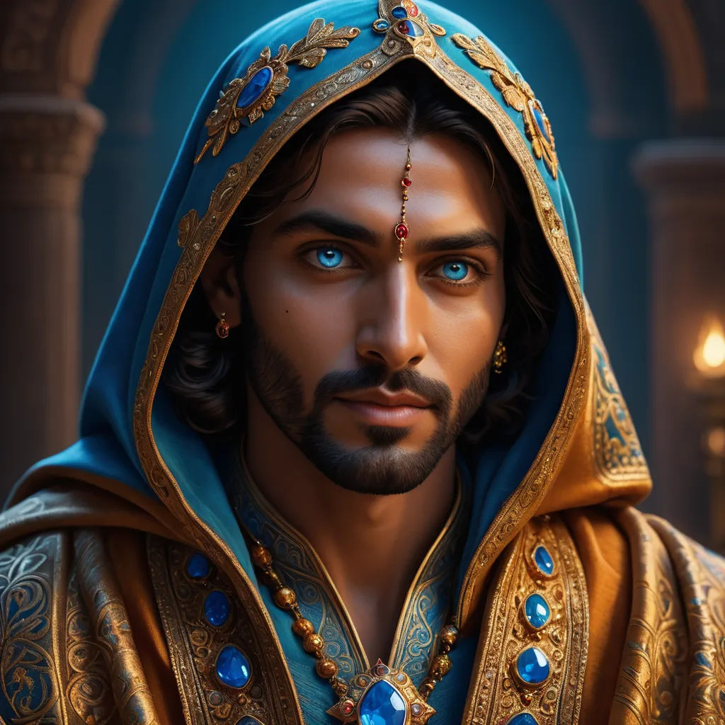a man in a blue and gold outfit with a blue eyes and a gold head piece with jewels on it, samikshavad, a photorealistic painting, Altoon Sultan, highly detailed digital painting