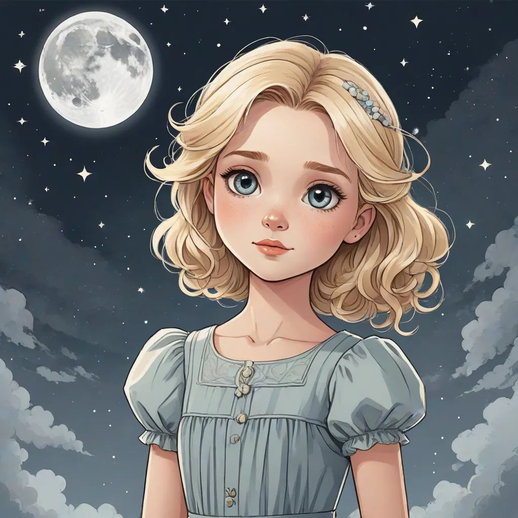 a cartoon girl with blonde hair and blue eyes standing in front of a full moon and clouds background with stars, fantasy art, a character portrait, Charlie Bowater, beautiful detailed