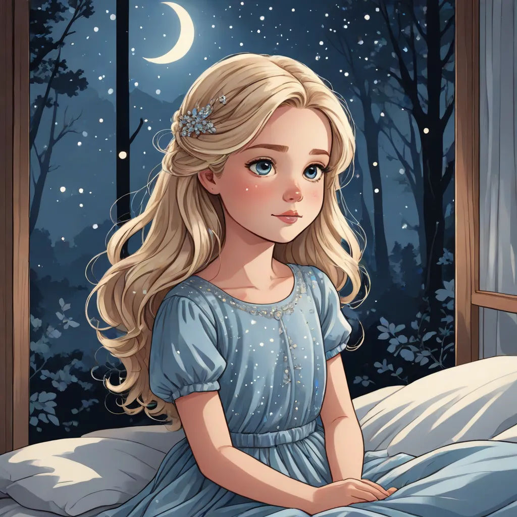 a girl sitting on a bed looking out a window at the night sky with stars and moon in the sky, fantasy art, a storybook illustration, Clarice Beckett, storybook illustration