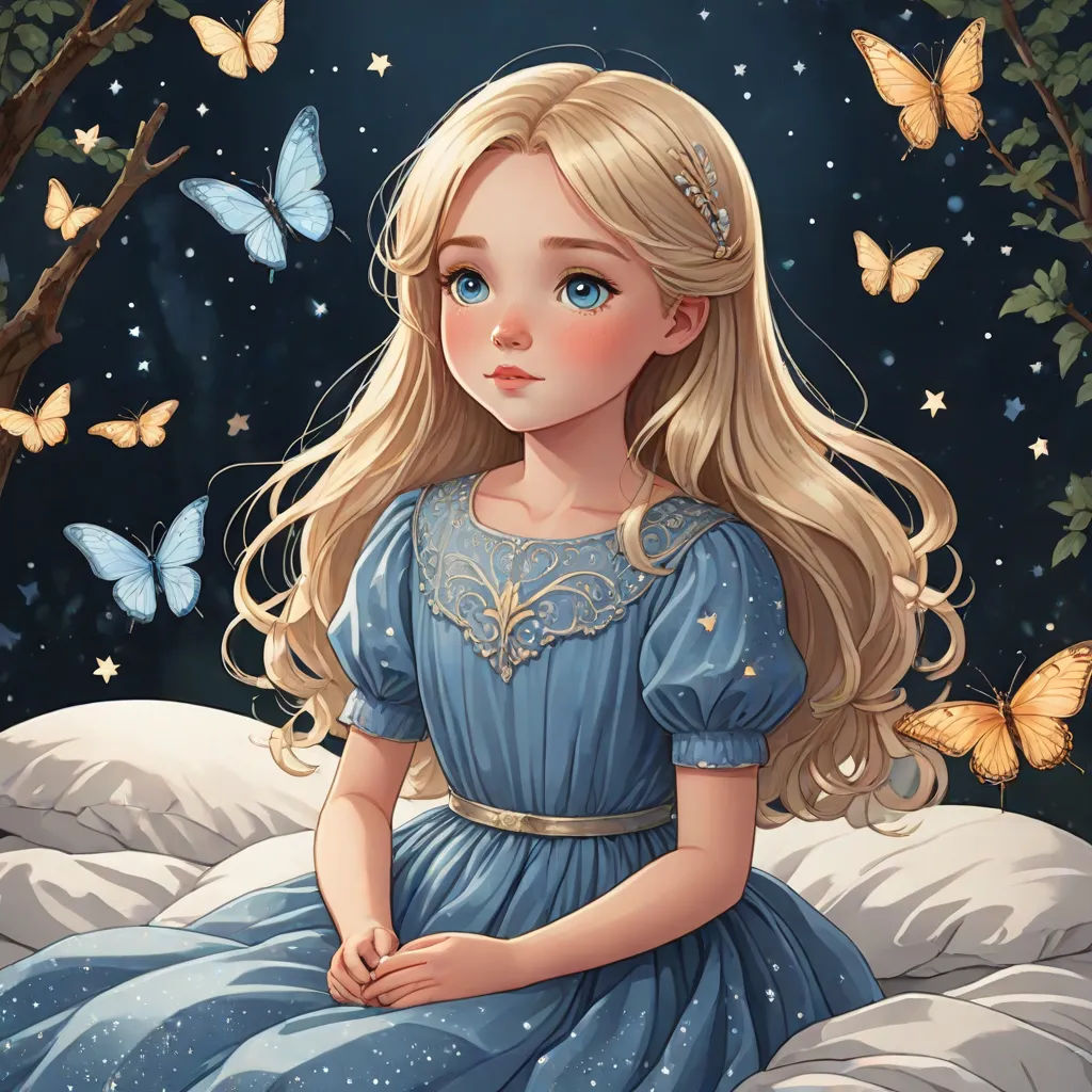 a painting of a girl sitting on a bed with butterflies around her head and a butterfly in her hair, fantasy art, a storybook illustration, Alice Prin, storybook illustration