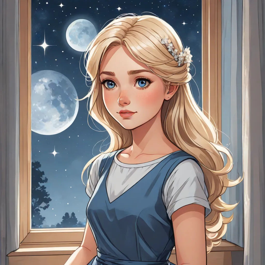 a cartoon girl with blonde hair and blue eyes looking out a window at the moon and stars in the sky, fantasy art, a character portrait, Alice Prin, official art