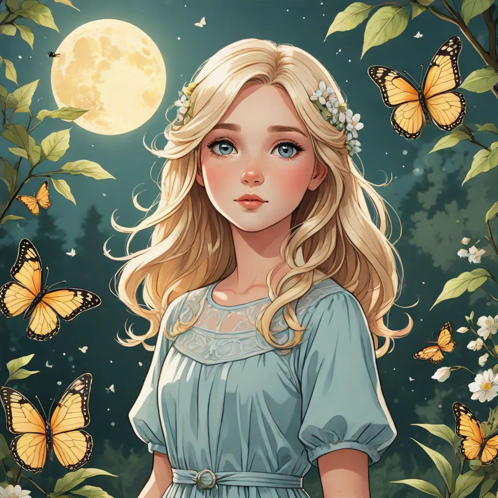 a girl with blonde hair and a blue dress standing in front of butterflies and flowers with a full moon behind her, fantasy art, a storybook illustration, Charlie Bowater, beautiful detailed