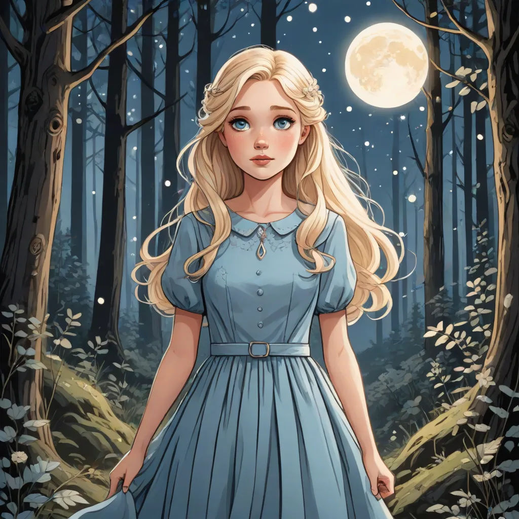 a girl in a blue dress standing in a forest with a full moon behind her and a forest scene behind her, fantasy art, a storybook illustration, Charlie Bowater, rossdraws global illumination