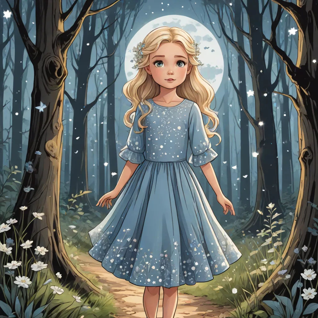 a girl in a blue dress standing in a forest with a full moon behind her and a path leading to the woods, fantasy art, a storybook illustration, Charlie Bowater, storybook illustration