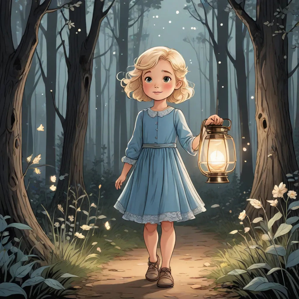 a little girl holding a lantern in a forest with butterflies flying around her and a light shining on her, fantasy art, a storybook illustration, Cliff Childs, storybook illustration