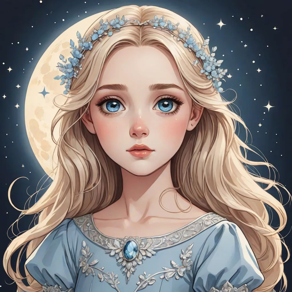 a girl with long blonde hair wearing a blue dress and a tiara with stars on it's head, fantasy art, a character portrait, Charlie Bowater, beautiful detailed
