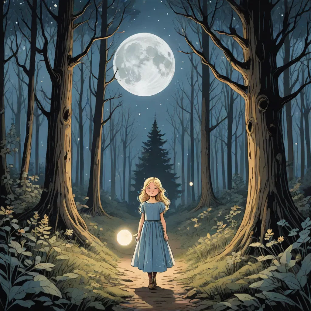 a girl in a blue dress is walking through a forest with a full moon in the background and a path leading to a forest with trees, magical realism, a storybook illustration, Dan Mumford, storybook illustration