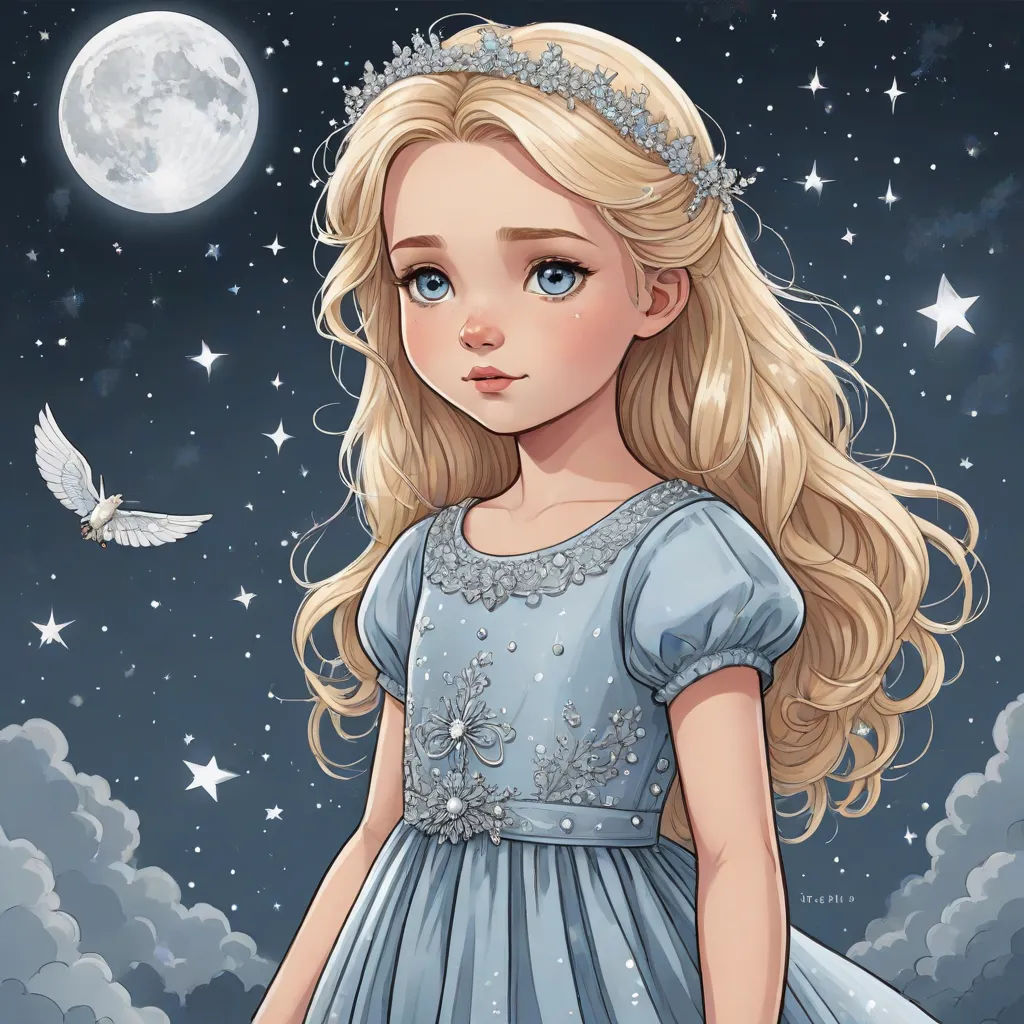 a girl in a blue dress standing in front of a full moon and a bird flying in the sky, fantasy art, a character portrait, Charlie Bowater, beautiful detailed