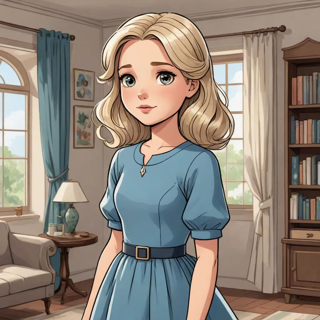 a cartoon of a woman in a blue dress in a living room with a bookcase and a window, remodernism, a character portrait, Clarice Beckett, official art