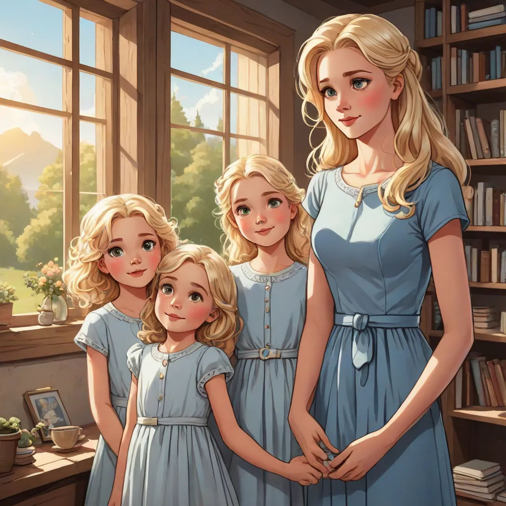 a painting of a family of three standing in front of a window in a library with a bookcase, remodernism, a storybook illustration, Caroline Lucy Scott, rossdraws global illumination