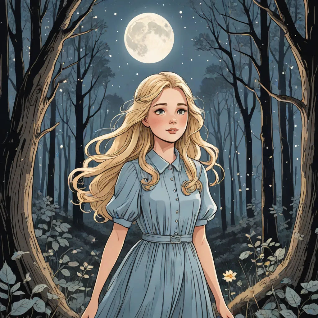 a girl in a blue dress standing in a forest with a full moon in the background and a tree with leaves, magical realism, a storybook illustration, Elinor Proby Adams, book cover