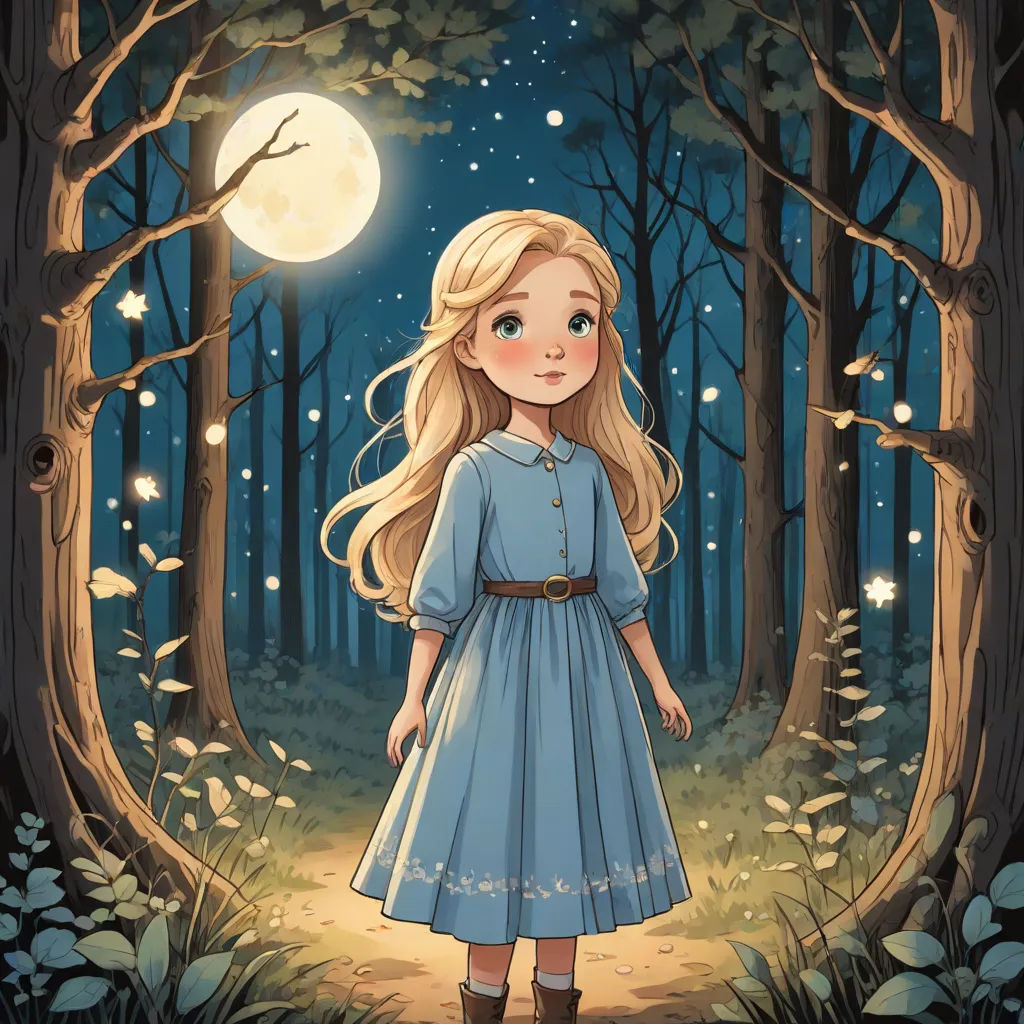 a girl in a blue dress standing in a forest at night with a full moon in the background and a tree with leaves, fantasy art, a storybook illustration, Clarice Beckett, storybook illustration