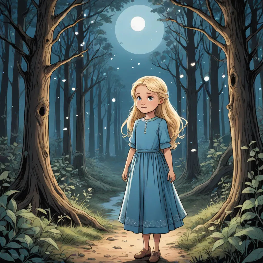 a girl in a blue dress standing in a forest with a full moon in the background and a path leading to a forest with trees, fantasy art, a storybook illustration, Cliff Childs, storybook illustration