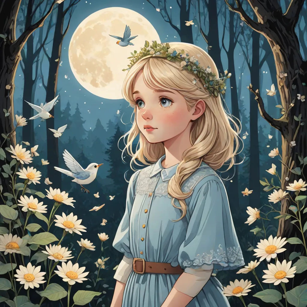 a painting of a girl in a blue dress standing in a forest with a bird flying over her head, fantasy art, a storybook illustration, Anna Dittmann, trending on art station