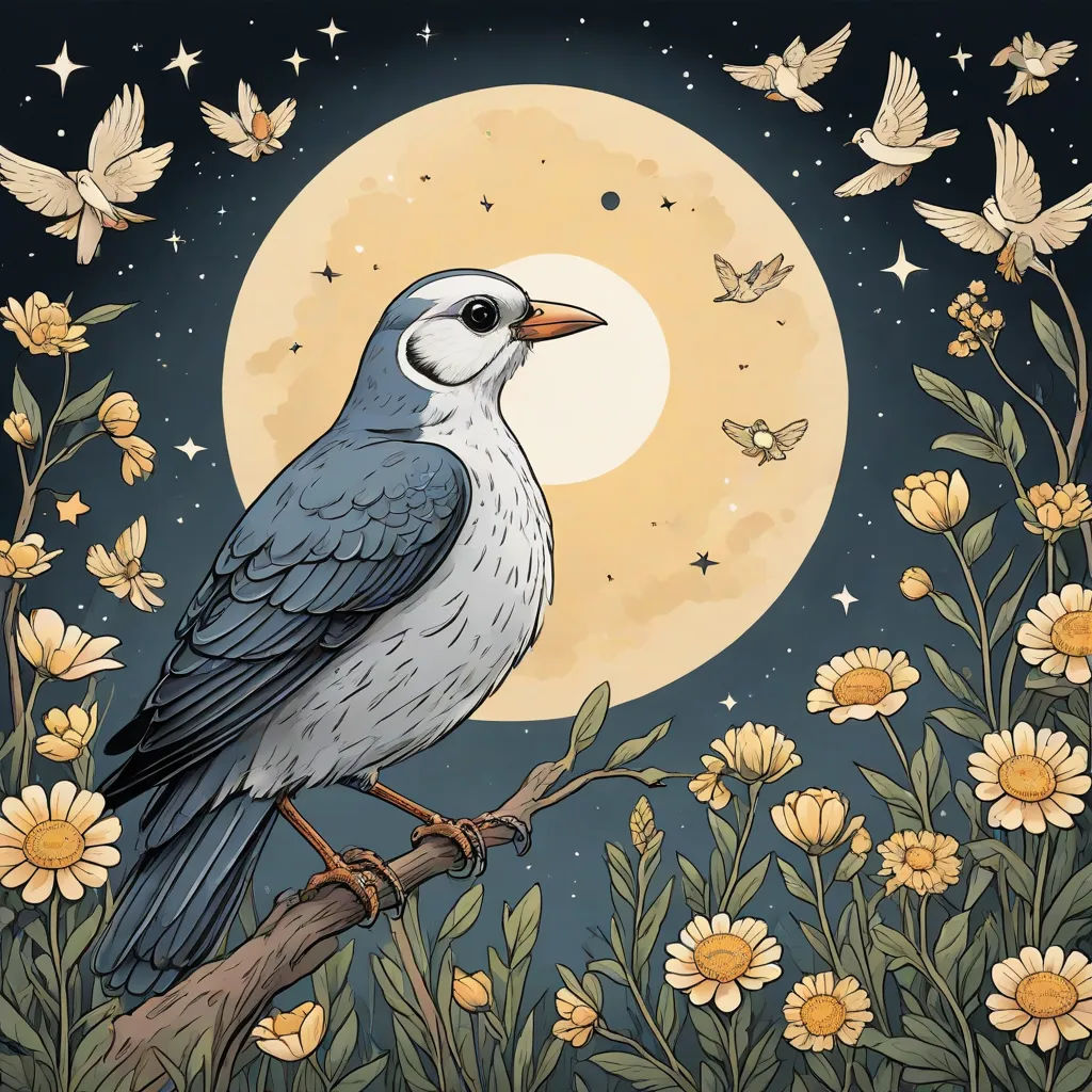 a bird sitting on a branch in front of a full moon and flowers with butterflies flying around it,, fantasy art, a storybook illustration, Evaline Ness, birds