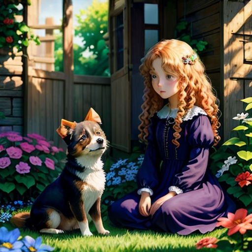 a painting of a girl and a dog in a garden with flowers and a shed in the background,