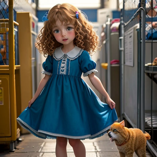 a little girl in a blue dress is walking a dog on a leash in a hallway with a yellow dog
