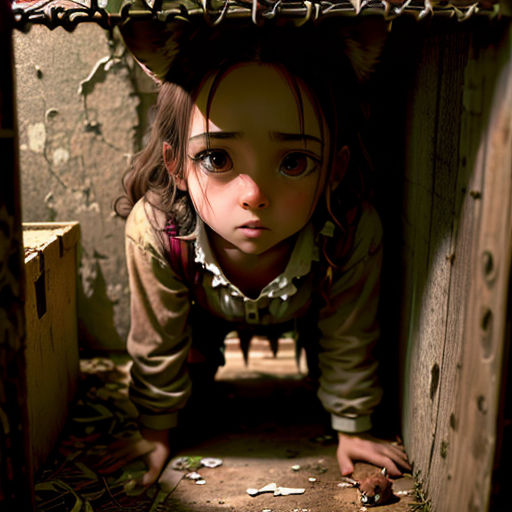 a girl is hiding in a doorway with a cat hat on her head and a cat tail hanging over her head
