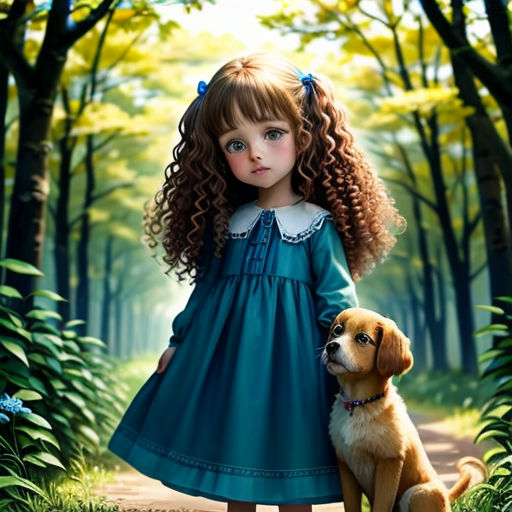 a painting of a girl and a dog in a forest with trees and grass, with a path leading to the woods