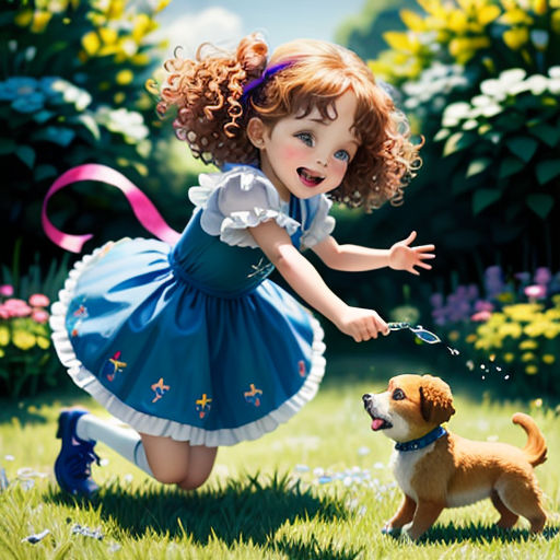 a painting of a little girl chasing a dog in a field of flowers with a pink ribbon in her hair