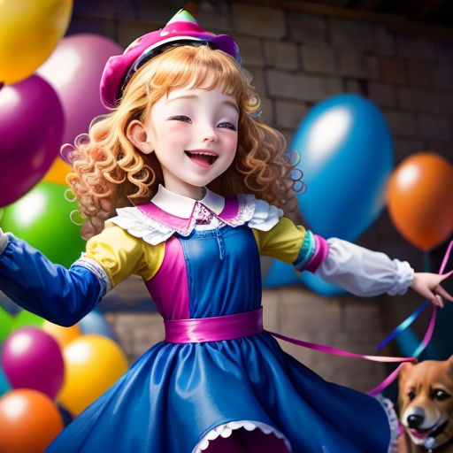 a little girl in a dress and a dog are in front of balloons and a brick wall with a dog